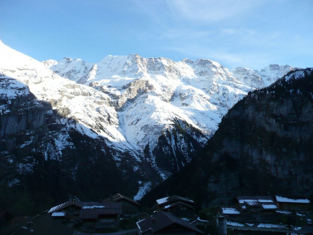 Snowy mountains as seen from Gimmelwald