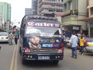 A matatu called "Carter III" in downtown Nairobi, Kenya